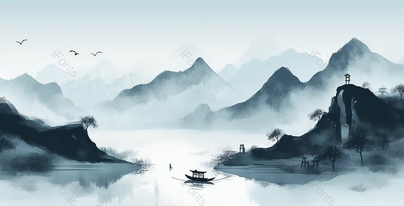 构思独特匠心独运新中式蓝色水墨意境山水画,插画/手绘图,插画/手绘图库,插画/手绘图下载,插画/手绘
